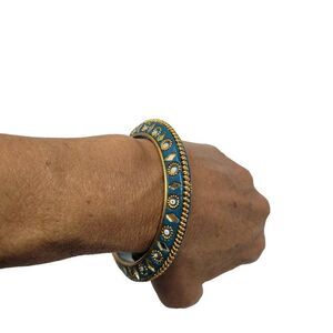 Metal Bangle Bracelet 7 3/4" Ornate Teal Gold Mirror 3D India Layer Bollywood
